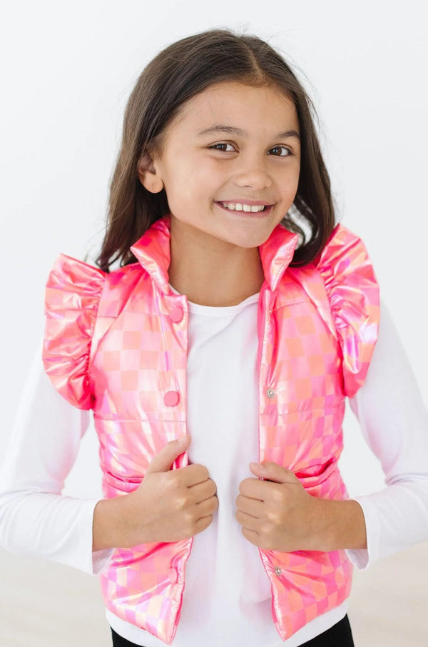 Girls pink checkered puffer vest with ruffled shoulder detail by Mila & Rose