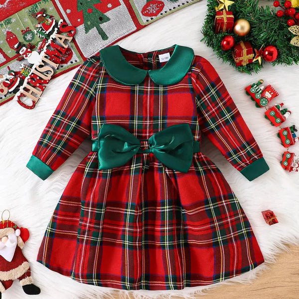 Girls Red Plaid Christmas Dress with Green Bow Collar - The Palm Beach Baby
