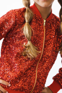 Girls red sequin jacket by Mila & Rose with long sleeves and front zipper closure