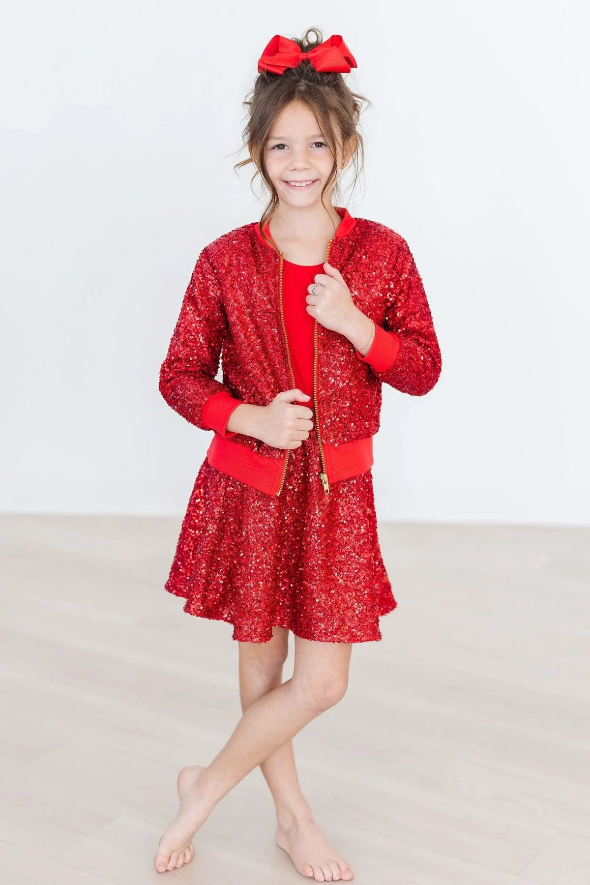 Girls red sequin jacket by Mila and Rose, long sleeve with zipper, size for young girls
