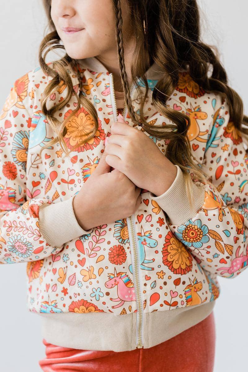Girls retro unicorn satin jacket by Mila & Rose with colorful floral and unicorn print, long sleeve