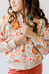 Girls retro unicorn satin jacket by Mila & Rose with colorful floral and unicorn print, long sleeve