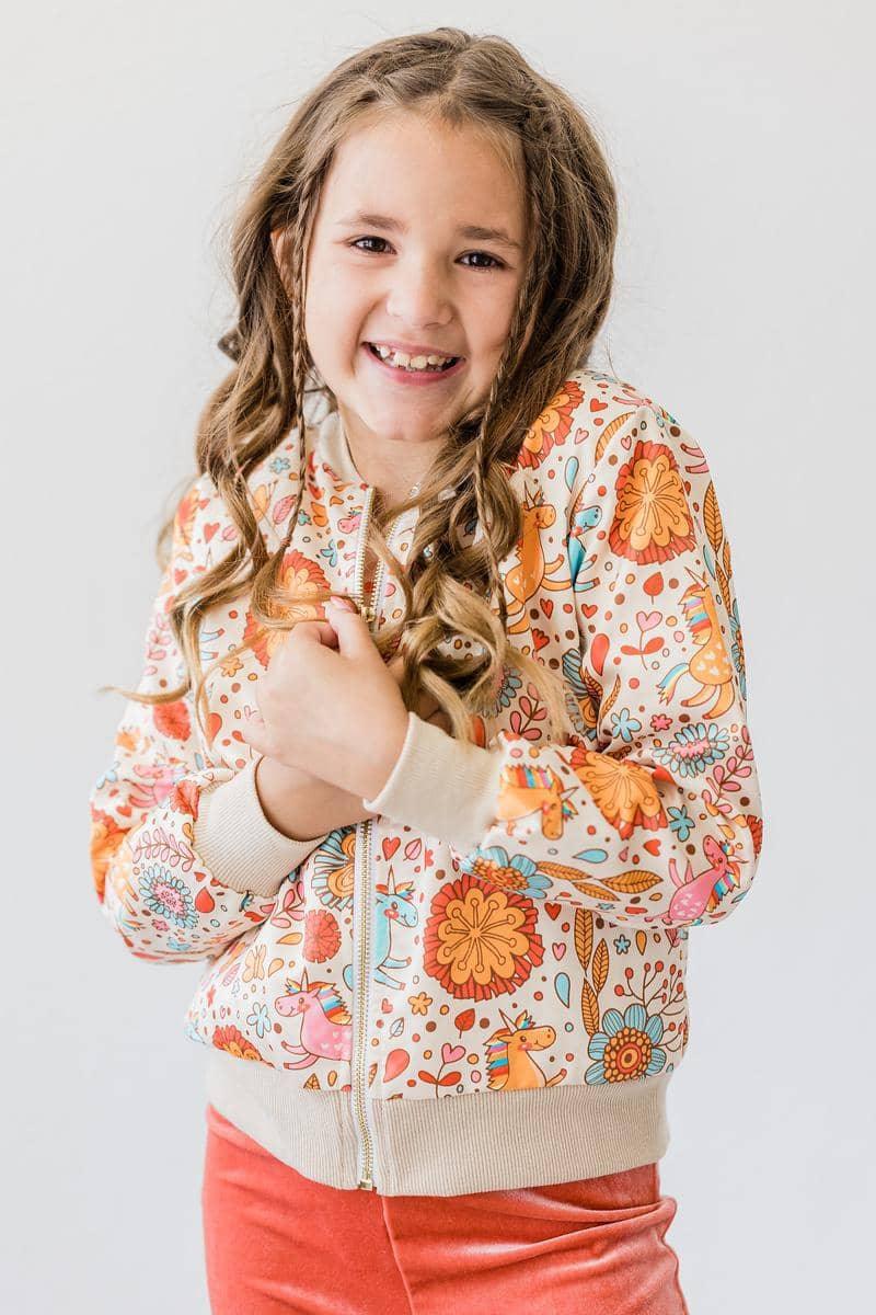 Girls retro unicorn satin jacket in cream with colorful floral and unicorn print, long sleeve, size for kids