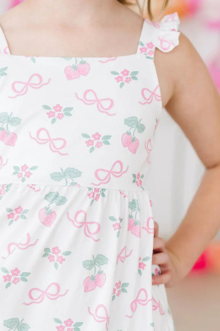 Girls white and pink girls ruffle maxi dress with strawberry and bow print, sleeveless with ruffle straps