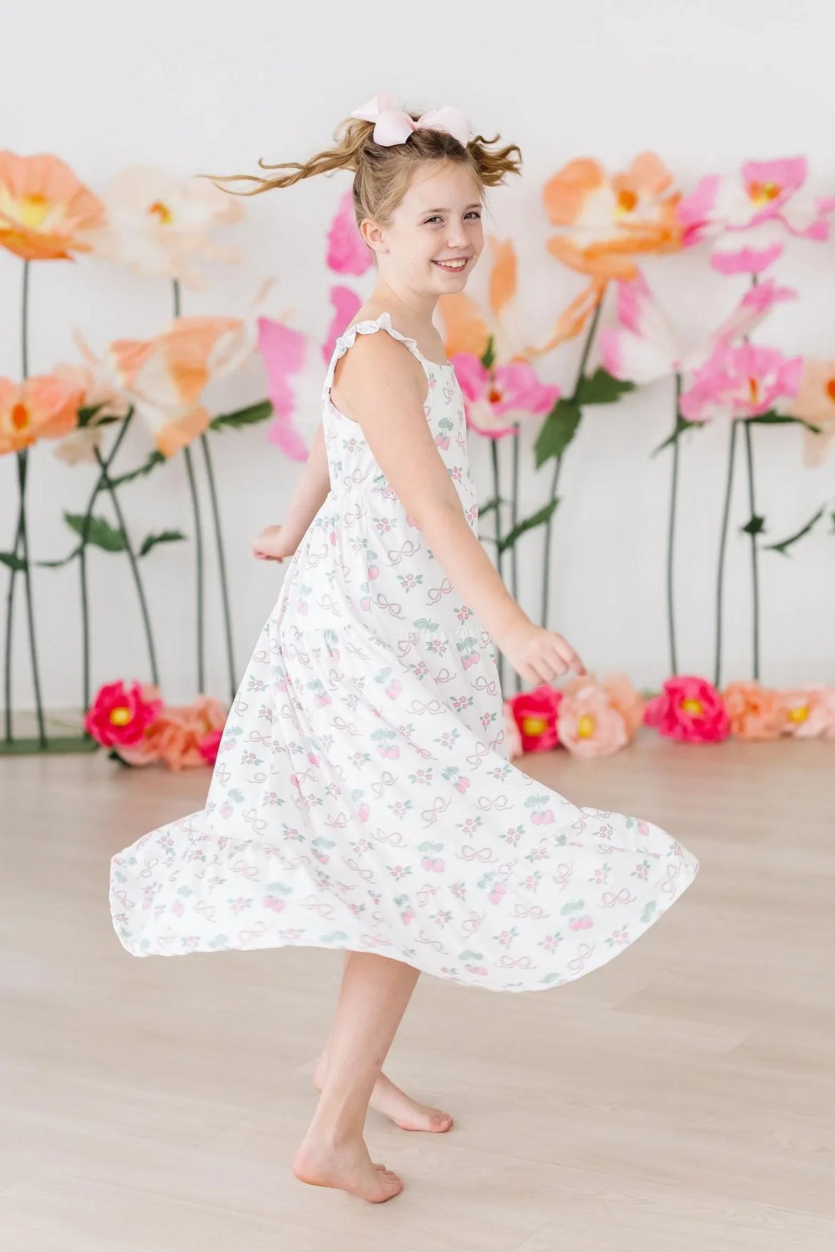 Girls white floral girls ruffle maxi dress with sleeveless ruffle straps for kids