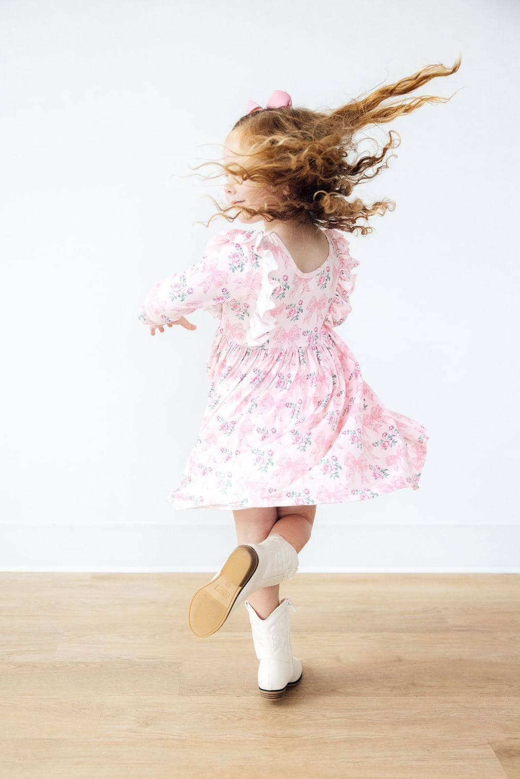 Mila & Rose girls ruffle twirl dress in pink floral print 3/4 sleeve for toddlers