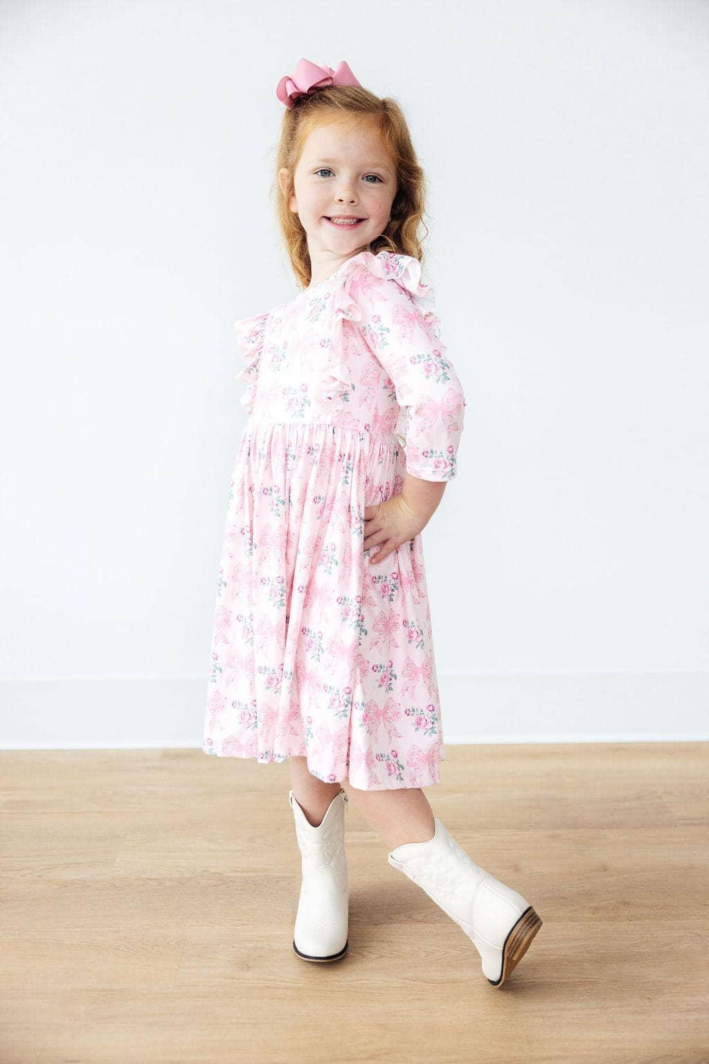 Girls pink floral ruffle twirl dress 3/4 sleeve for kids by Mila and Rose