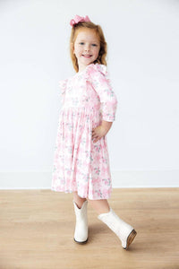 Girls pink floral ruffle twirl dress 3/4 sleeve for kids by Mila and Rose