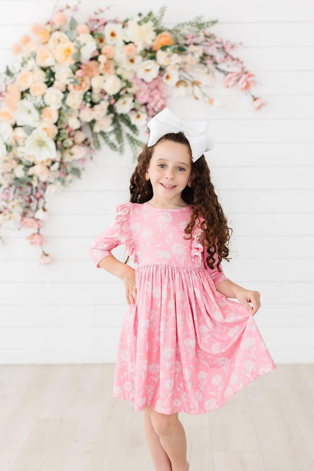 Girls pink 3/4 sleeve girls ruffle twirl dress with floral pattern for young girls