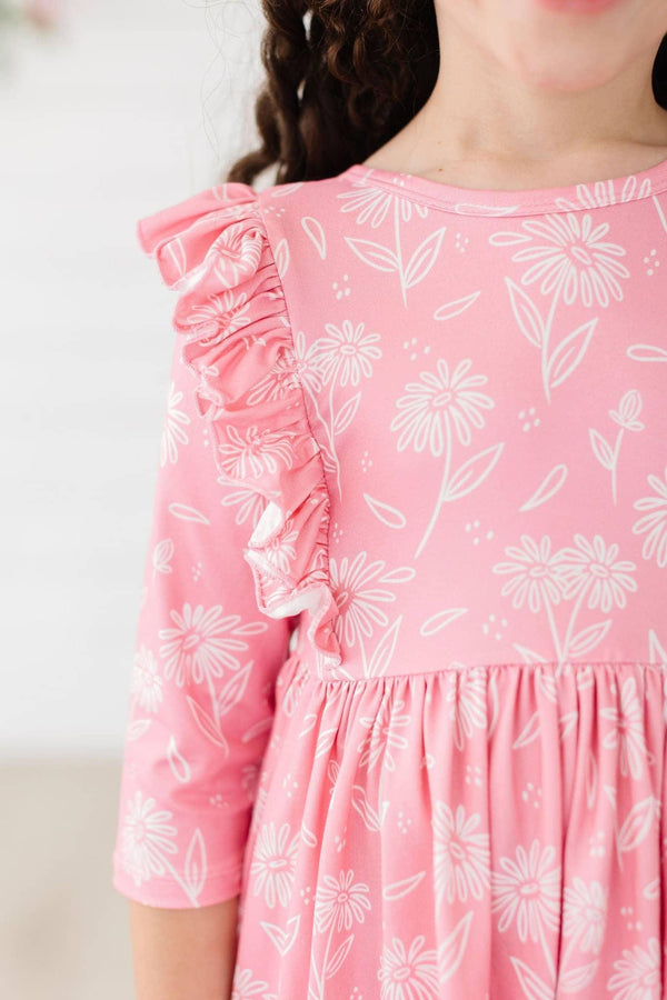 Girls pink floral twirl ruffle dress 3/4 sleeves with shoulder ruffle detail