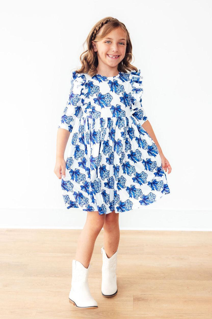 Girls white and blue floral girls ruffle twirl dress with 3/4 sleeves for young children