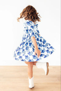 Girls white and blue floral girls ruffle twirl dress with 3/4 sleeves in toddler size