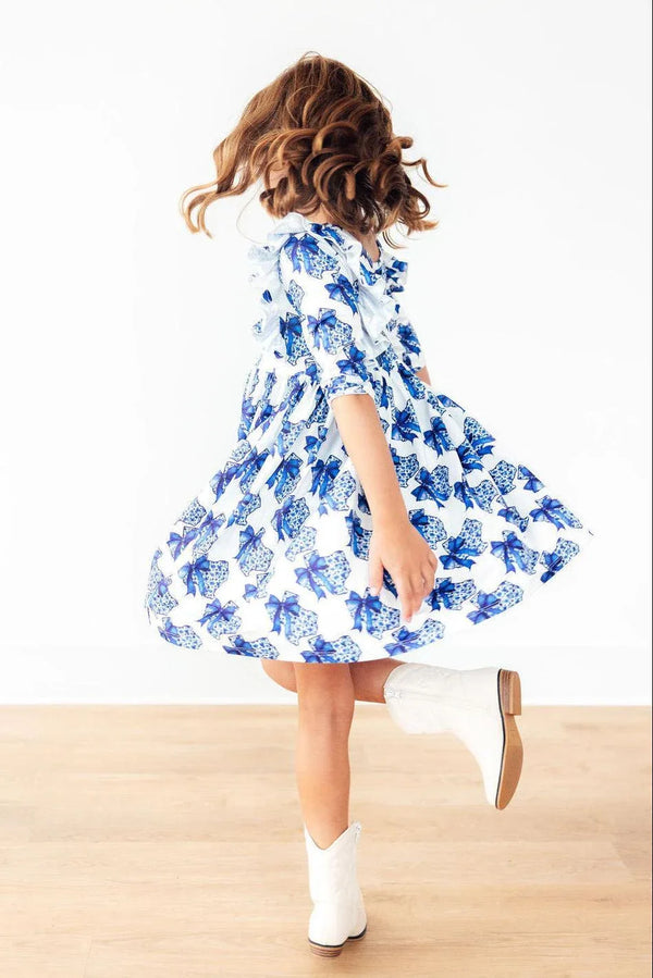 Girls white and blue floral girls ruffle twirl dress with 3/4 sleeves in toddler size