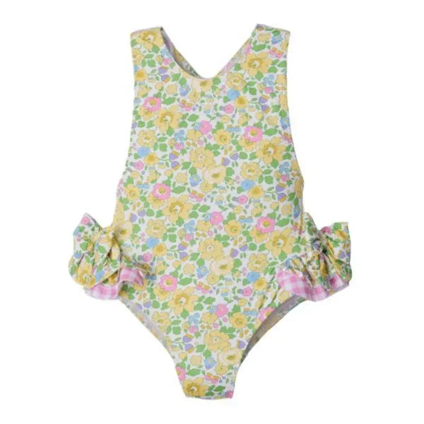 Yellow floral girls ruffled one piece swimsuit made of soft cotton with pink ruffle details