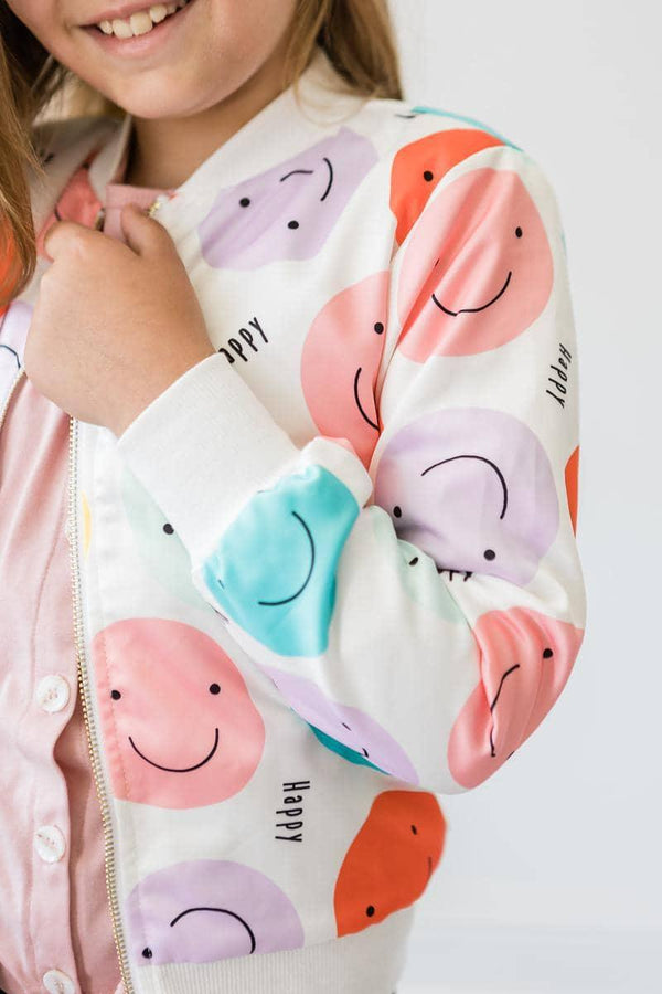 Girls white satin jacket with colorful smiley face prints long sleeve for kids