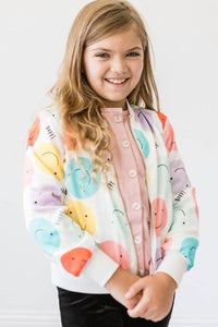 Girls colorful Mila & Rose satin jacket with smiley face print and long sleeves