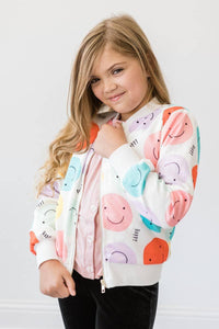 Girls multicolor smiley face satin jacket with white cuffs and collar, long sleeve