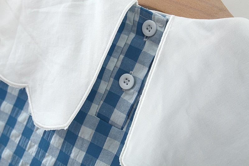 Close-up of blue and white checkered girl’s seersucker apple dress with white scalloped collar and buttons