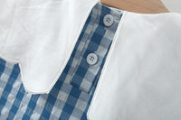 Close-up of blue and white checkered girl’s seersucker apple dress with white scalloped collar and buttons