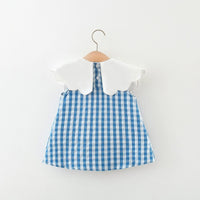 Girls blue and white girls seersucker apple dress with scalloped white collar for toddlers