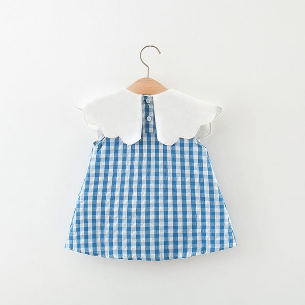 Girls blue and white girls seersucker apple dress with scalloped white collar for toddlers