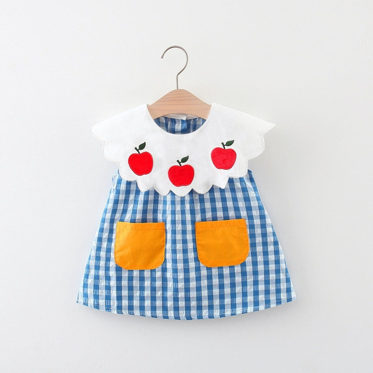 Blue and white check girls seersucker apple dress with white collar and red apple embroidery for toddlers