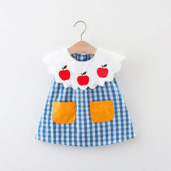 Blue and white check girls seersucker apple dress with white collar and red apple embroidery for toddlers
