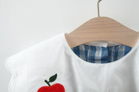 White girls seersucker apple dress with red apple embroidery and blue checkered lining for toddlers