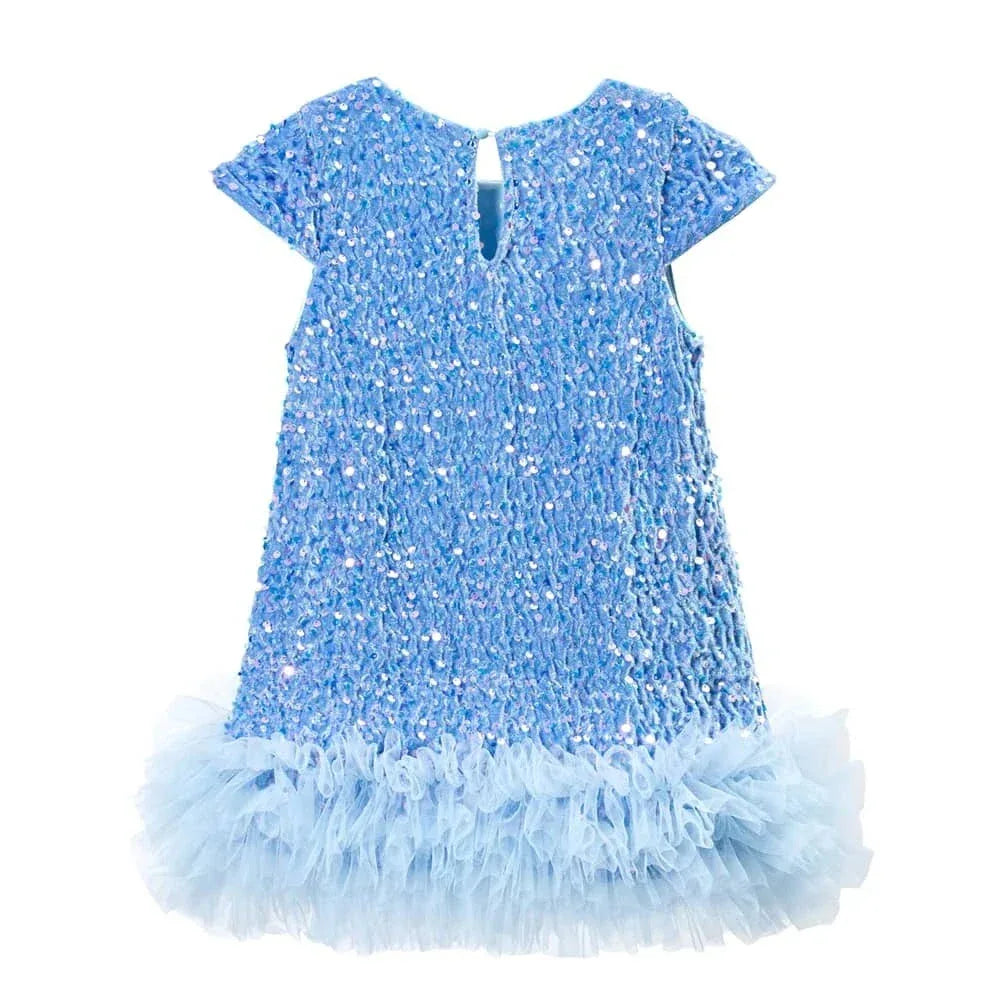 girls sequined party dress in light blue with tulle hem for toddlers