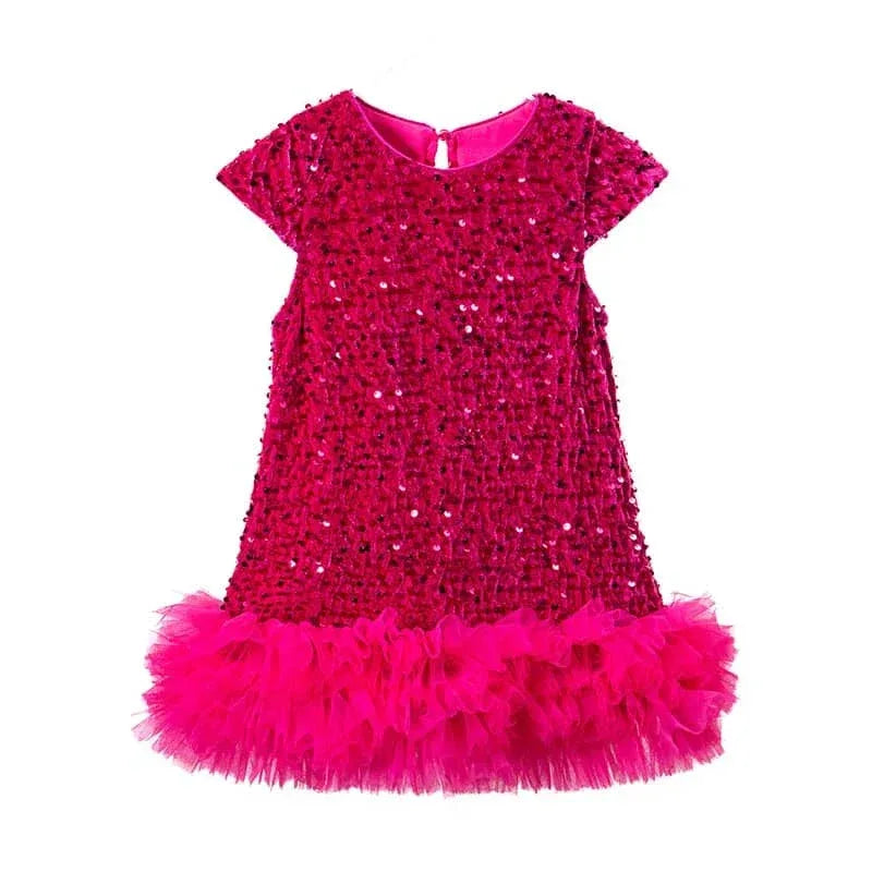 Bright pink girls sequined party dress with tulle hem for toddlers and young girls