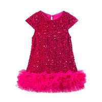 Bright pink girls sequined party dress with tulle hem for toddlers and young girls