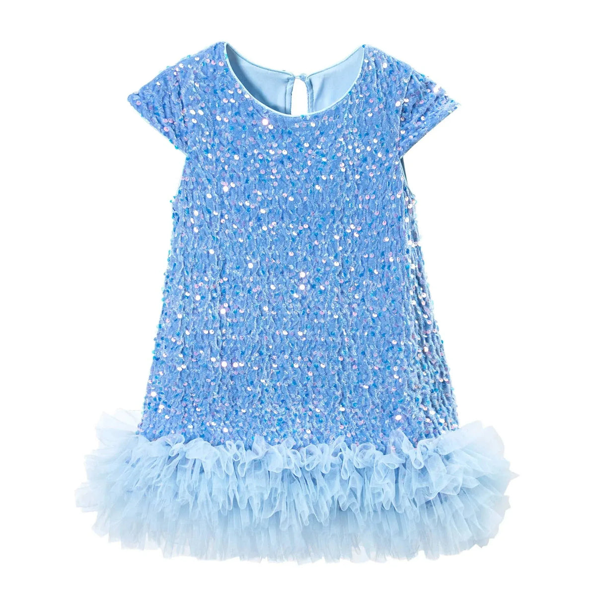 Light blue girls sequined party dress with ruffled tulle hem for toddlers