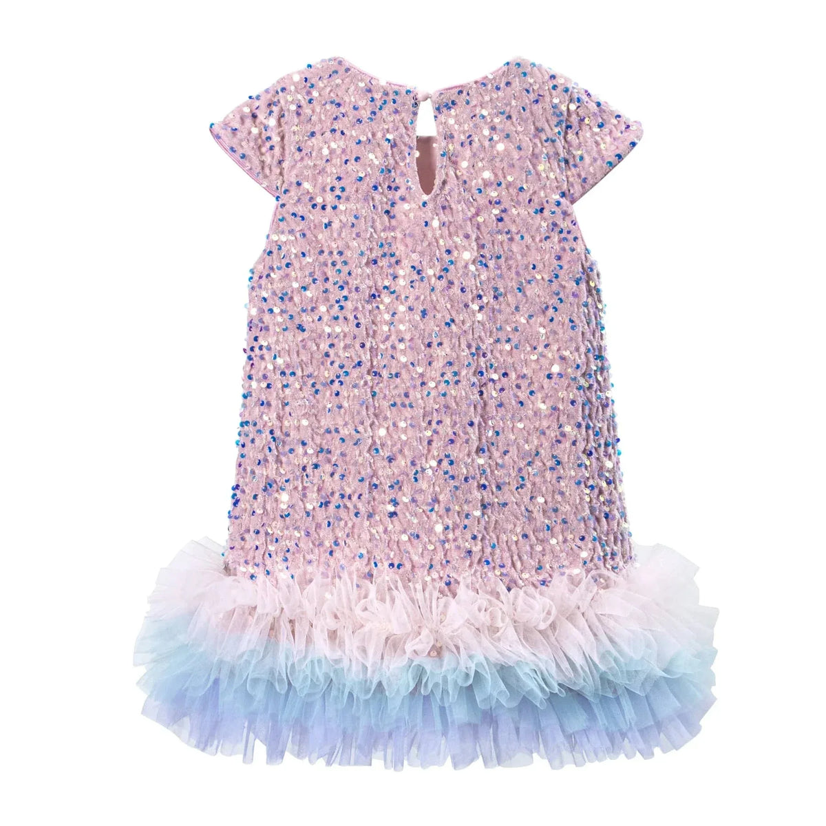 pink and blue girls sequined party dress with ruffled hem for toddlers