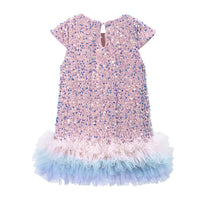 pink and blue girls sequined party dress with ruffled hem for toddlers