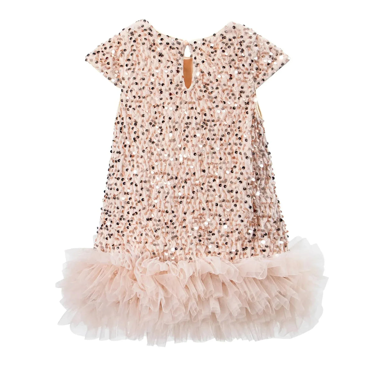 pink girls sequined party dress with ruffled tulle hem for toddlers