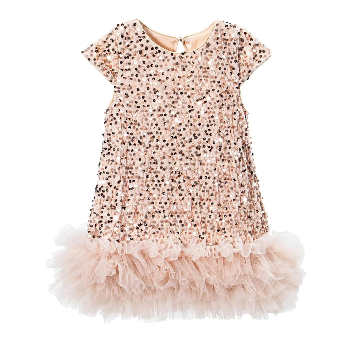 girls sequined party dress in light pink with ruffled tulle hem for toddlers