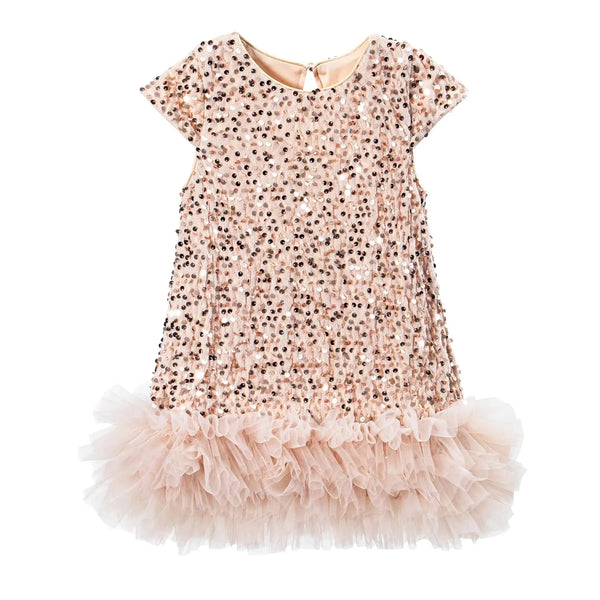 girls sequined party dress in light pink with ruffled tulle hem for toddlers