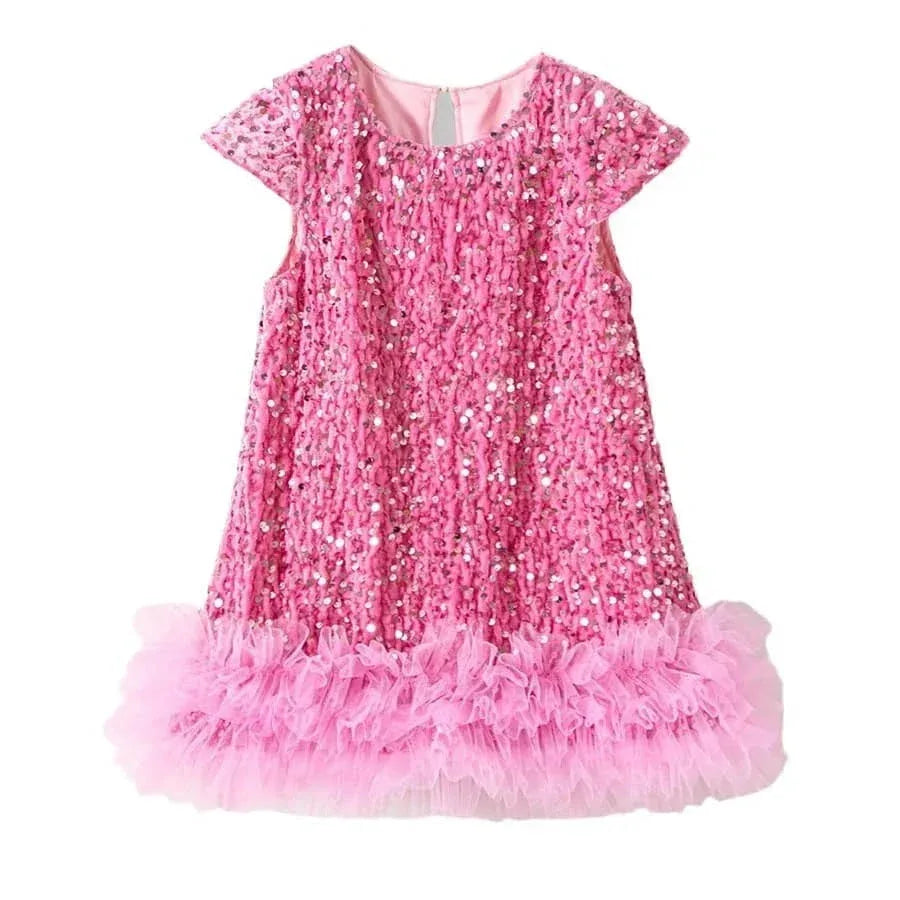 Pink girls sequined party dress with ruffled tulle hem for toddlers