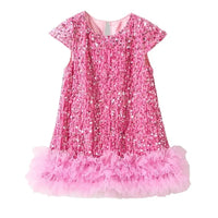 Pink girls sequined party dress with ruffled tulle hem for toddlers