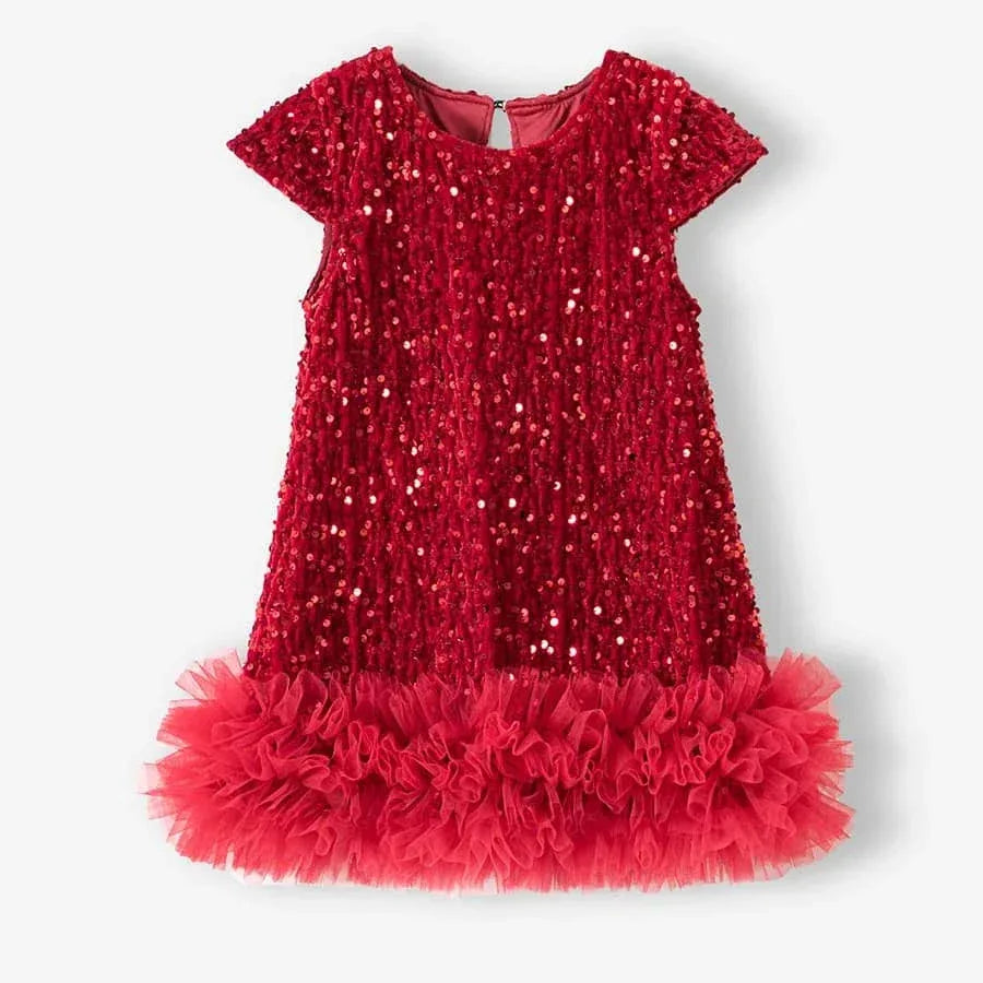 red girls sequined party dress with ruffled hem for toddlers