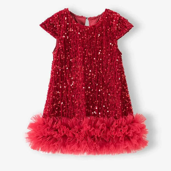 red girls sequined party dress with ruffled hem for toddlers