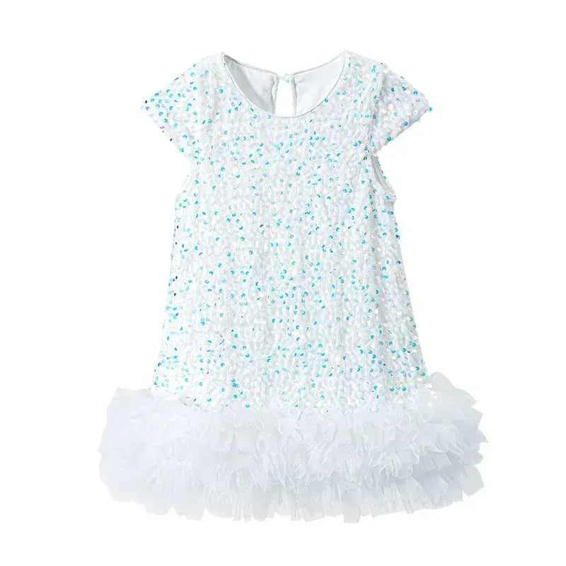 white girls sequined party dress with blue accents and ruffled hem for toddlers