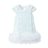 white girls sequined party dress with blue accents and ruffled hem for toddlers