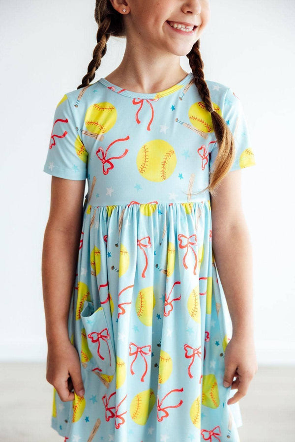Girls light blue girls softball dress with yellow softball and red bow print short sleeve