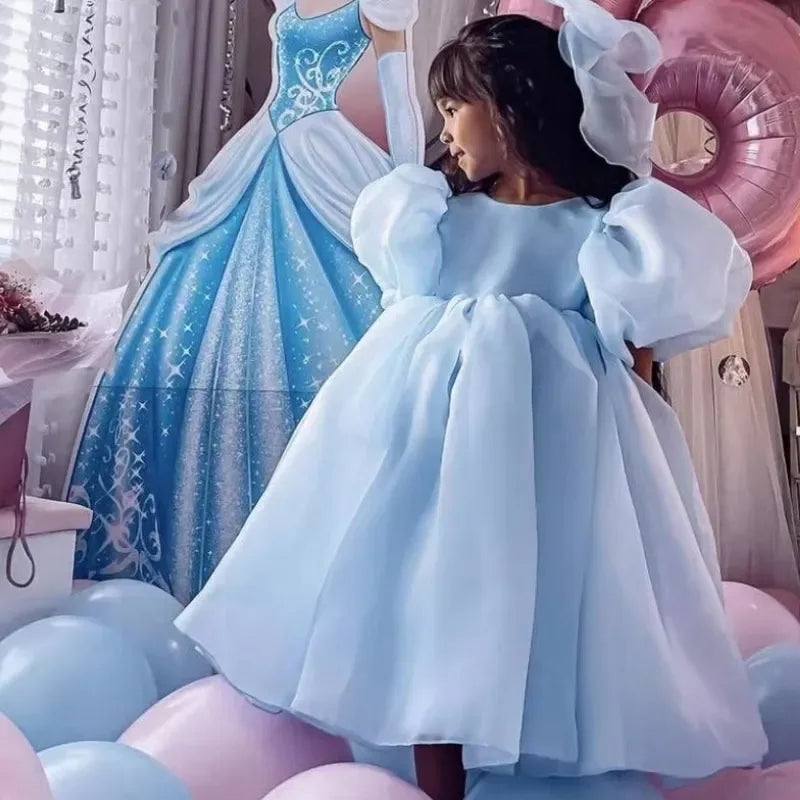 Light blue girls special occasion dress with puff sleeves for toddlers and young kids