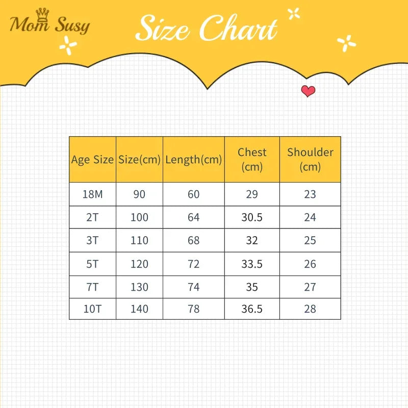 Size chart for girls special occasion dress with measurements in cm for ages 18 months to 10 years