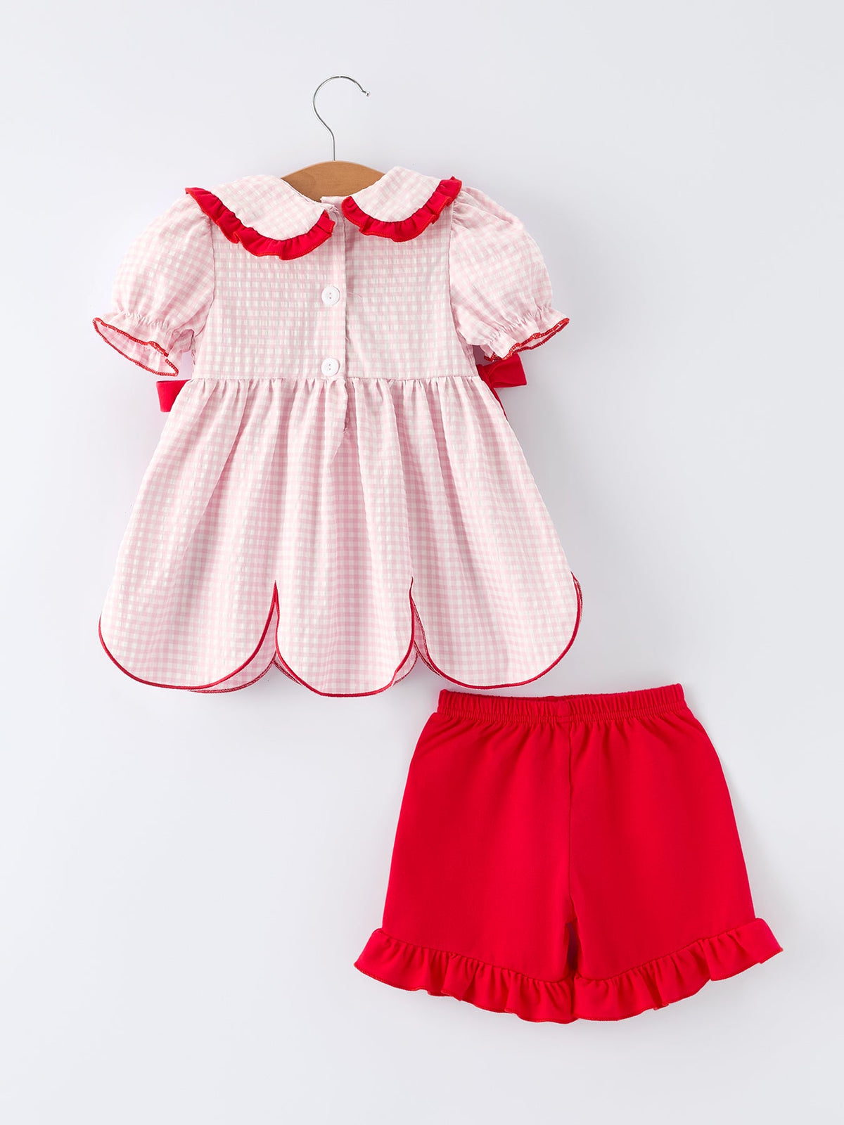 Rylee Faith Designs girls strawberry applique shorts set with pink checked top and red ruffle shorts for toddlers