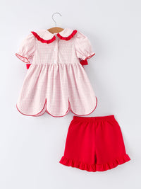 Rylee Faith Designs girls strawberry applique shorts set with pink checked top and red ruffle shorts for toddlers