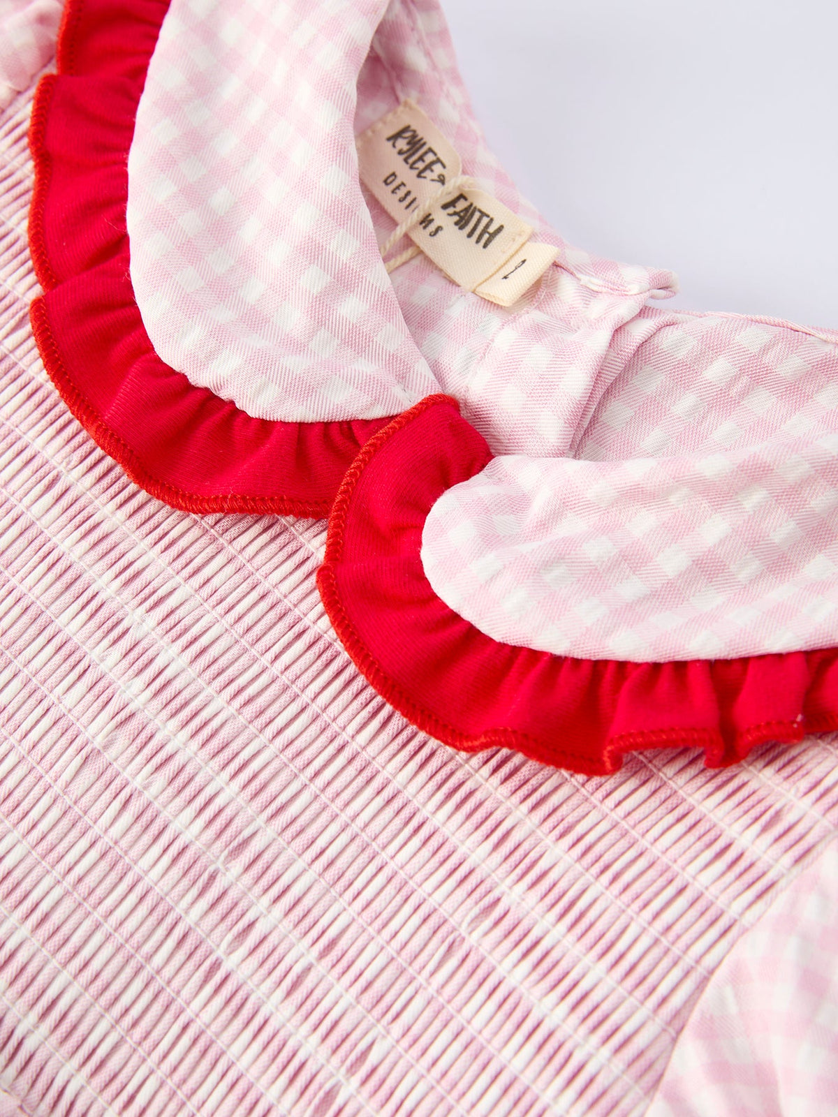 Rylee Faith Designs girls strawberry applique shorts set in pink gingham with red ruffle collar for toddlers
