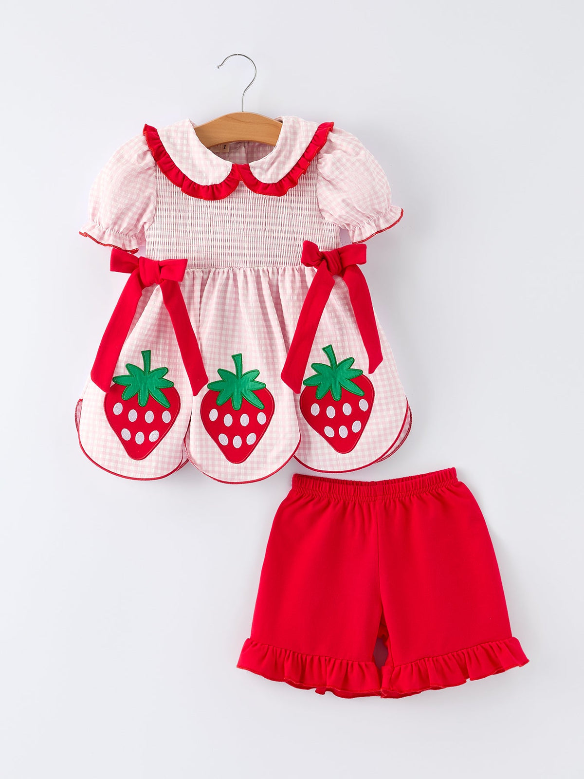 Rylee Faith Designs girls strawberry applique shorts set with pink gingham top and red shorts for toddlers